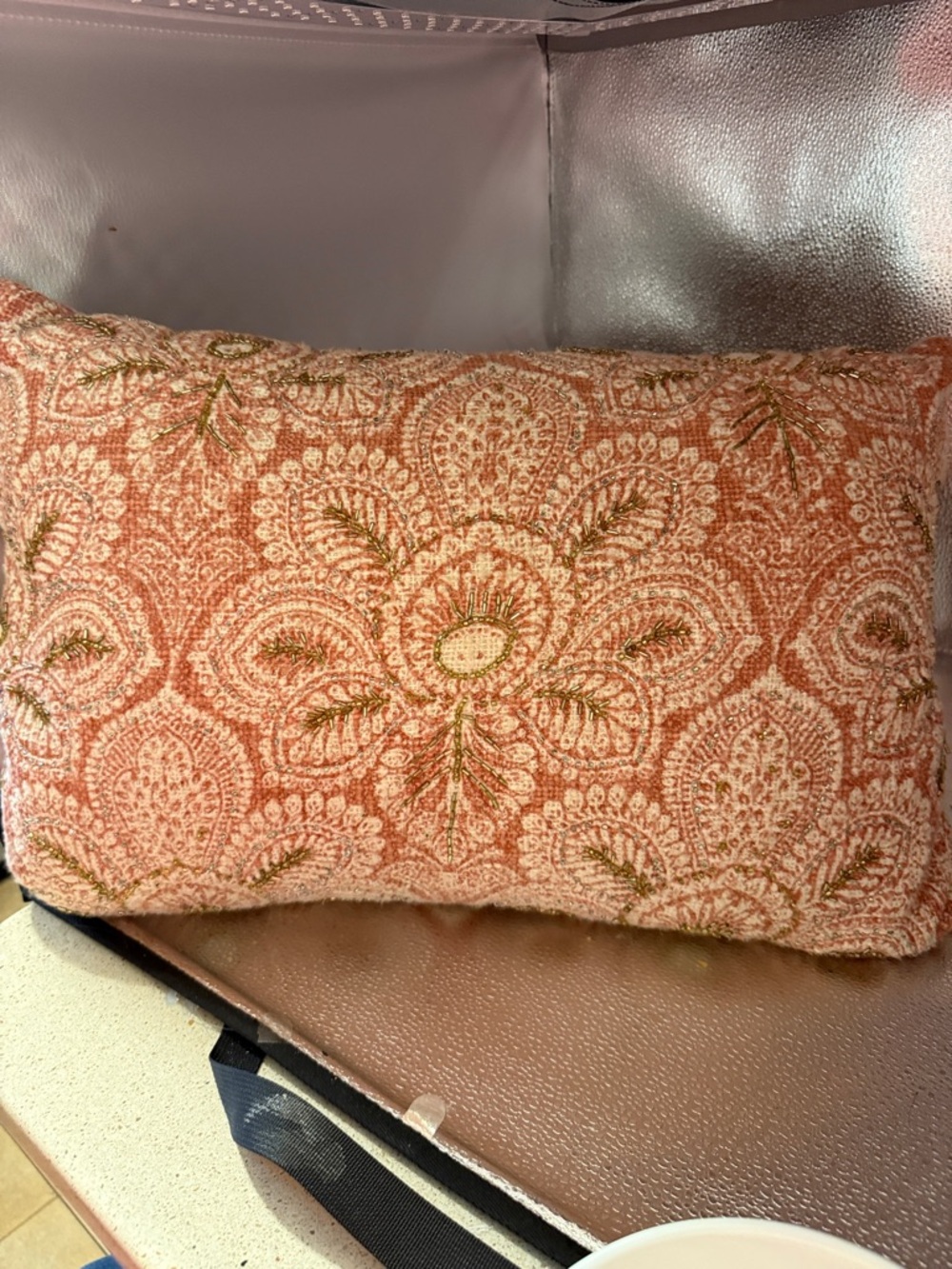 Sequenced Paisley Decorative Pillow in Coral/Blush with zipper for easy care.